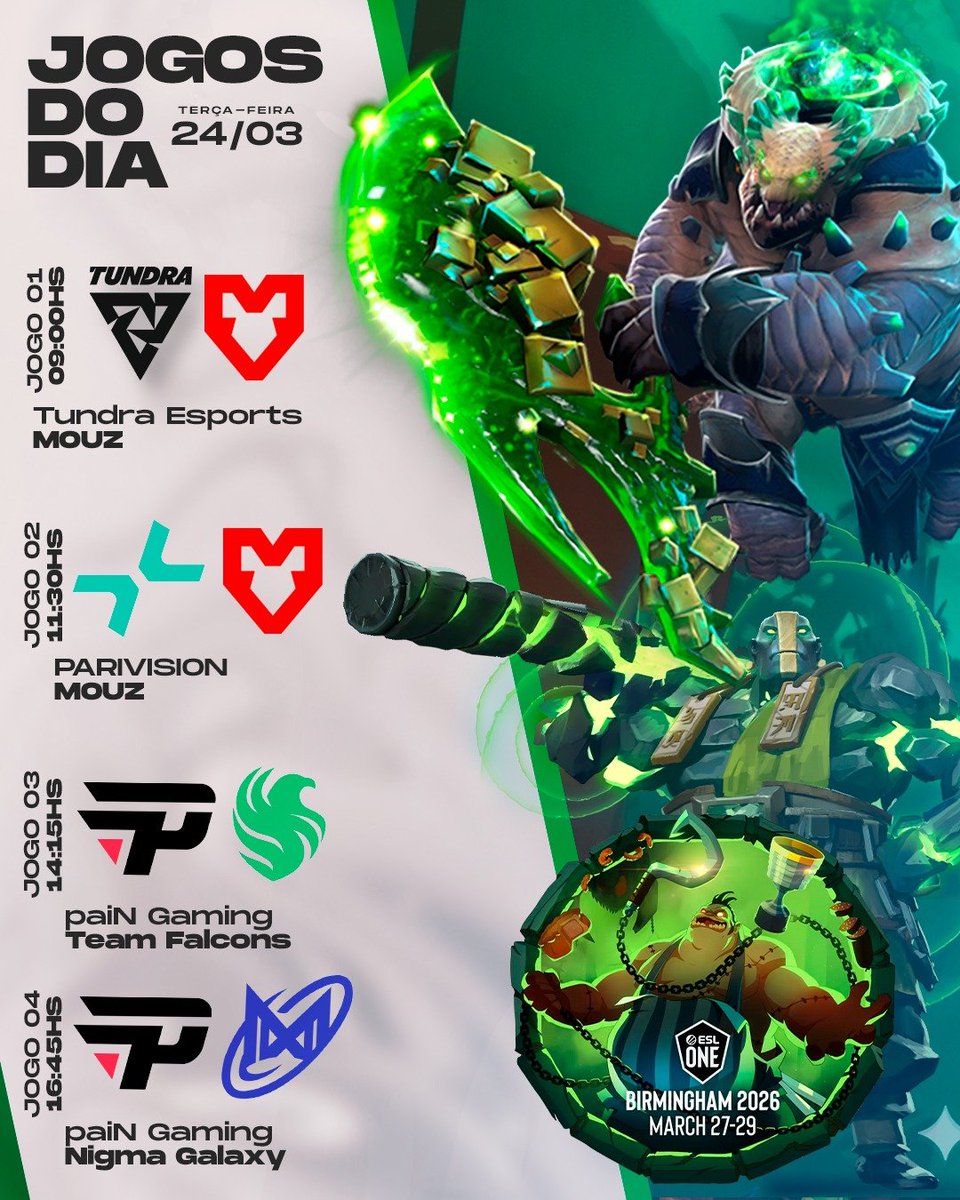 ns4rt's tweet photo. ESL One Birmingham 🏆 Jogos do dia.

Ao vivo agora na kick, youtube e twitch @ESLDota2 #dota2 https://t.co/WSox3hgheZ