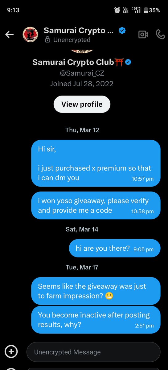 <a href="/yososocial/">Yoso 👁️ - Social Prediction</a> team must be nuts or something 

Users like this do a fake giveaway, 
Mentioned winner will get code in dm, 
Neither they dm first or even reply to verified account 

Insted gave codes in their telegram to absolutely random ( most probably already used )

Either yoso