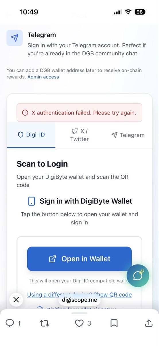 BazKingfish's tweet photo. @Johnny_DGB @RancellDgb @Cryptotea Connected Coinomi using Digi-ID, trying twitter login…survey says…..nope 🤷‍♂️ https://t.co/SvLLjXFeMe