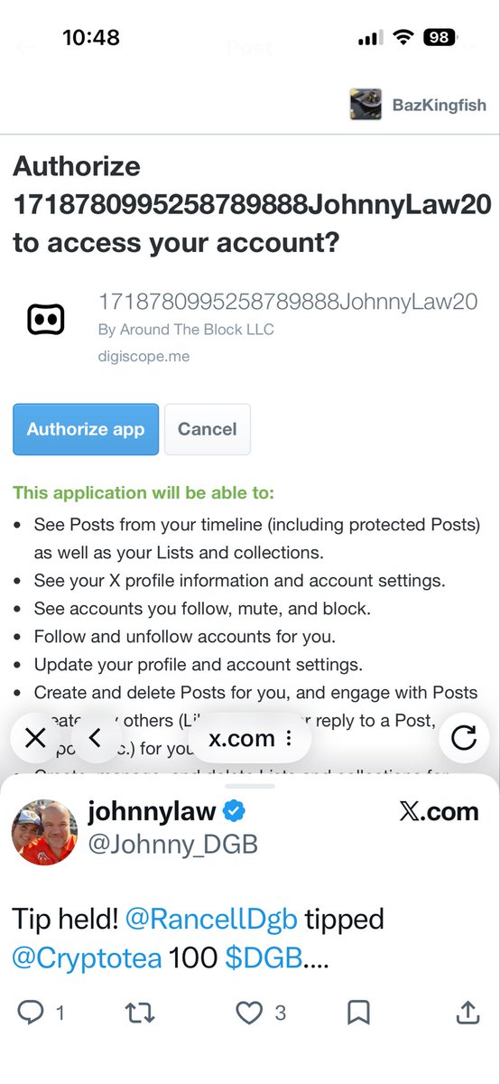 BazKingfish's tweet photo. @Johnny_DGB @RancellDgb @Cryptotea Connected Coinomi using Digi-ID, trying twitter login…survey says…..nope 🤷‍♂️ https://t.co/SvLLjXFeMe