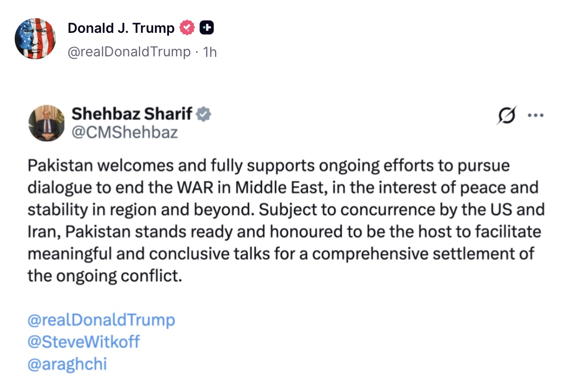 JUST IN: 🇺🇸🇵🇰 President Trump retweets PM Pakistan.
 
The Pakistani leader says he welcomes and fully supports ongoing dialogue efforts to end the war in the Middle East.