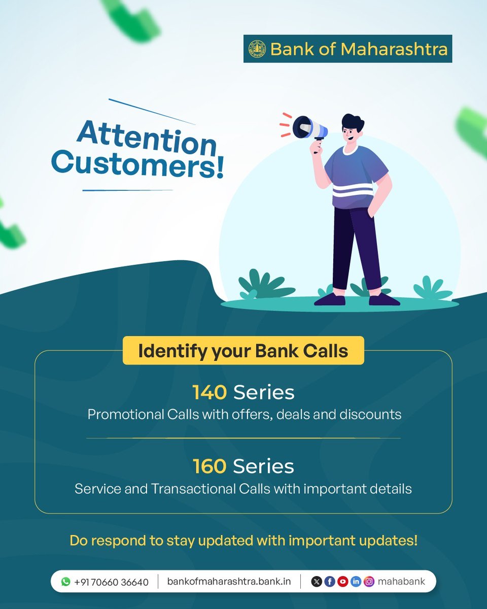 mahabank's tweet photo. Do you know banks now use separate numbers for calls? Numbers starting with 140 are promotional calls, while those beginning with 160 carry important banking updates. So the next time your phone rings, you’ll know it could be something that matters.
#BankingUpdates #SmartBanking https://t.co/JbLuoOTFmG