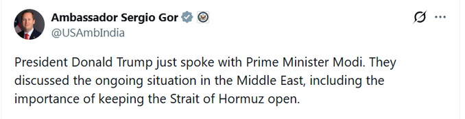 tv9gujarati's tweet photo. President Donald Trump just spoke with Prime Minister Modi. They discussed the ongoing situation in the Middle East, including the importance of keeping the Strait of Hormuz open: US Ambassador to India, Sergio Gor | TV9Gujarati
#TrumpModi #TrumpModiCall #StraitOfHormuz #MiddleEastCrisis #ModiTrump #USIndia #HormuzStrait #DonaldTrump #PMModi #TV9Gujarati