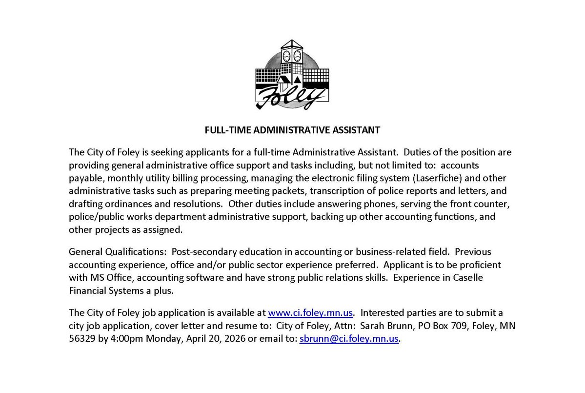 CityFoleyMN's tweet image. The City of Foley is looking for a Full-Time Administrative Assistant! For a full job description and explanation of benefits, please see our posting on the city's website. #FoleyMN

Job Posting: ci.foley.mn.us/.../full-time-…

City Employment Application: ci.foley.mn.us/.../Employment…