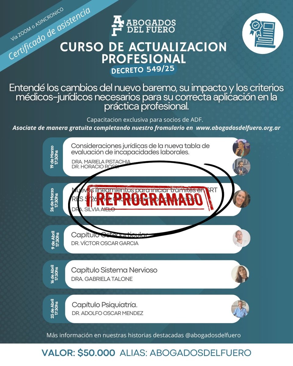 📢 Curso de Riesgos del Trabajo – Aviso Importante
Informamos a todos los inscriptos e inscriptas que la Clase 2, a cargo de la Dra. Silvia Aiello, ha sido reprogramada para el día 25 de marzo a las 17:30 hs.