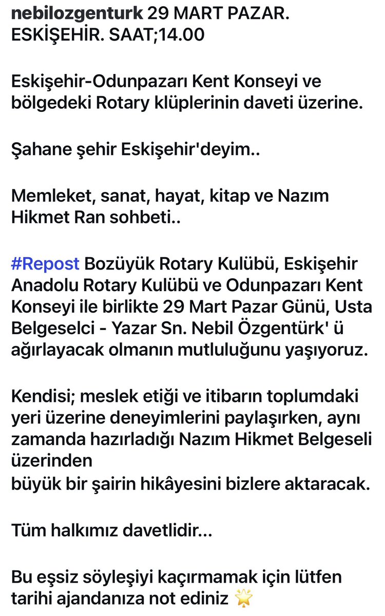 #Repost <a href="/odunpazariKK/">Odunpazarı Kent Konseyi</a> ve Rotary klüpleri 29 Mart Pazar Günü, Usta Belgeselci - Yazar Sn. Nebil Özgentürk' ü ağırlayacak olmanın mutluluğunu yaşıyor. Kendisi; meslek etiği ve itibarın toplumdaki yeri üzerine deneyimlerini paylaşırken belgesel gösterimi, ardından da sohbet edecek.