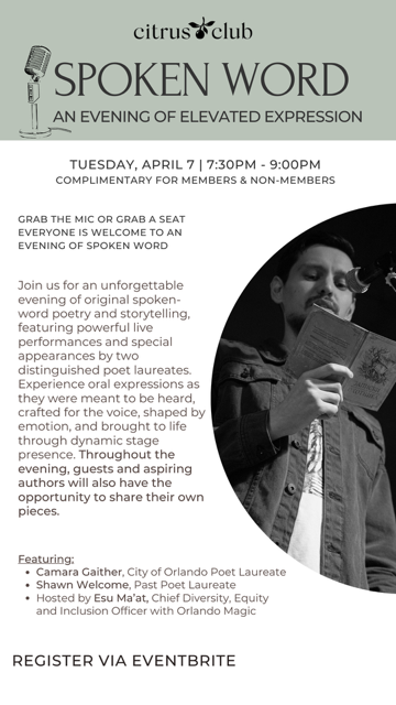 edeckers's tweet image. An evening of spoken word performances (poetry, prose, essays, etc.) at the Citrus Club in Downtown Orlando on April 7 at 7 pm. Camara Gaither and @shawnwelcome will be performing as well!

#spokenword #orlando