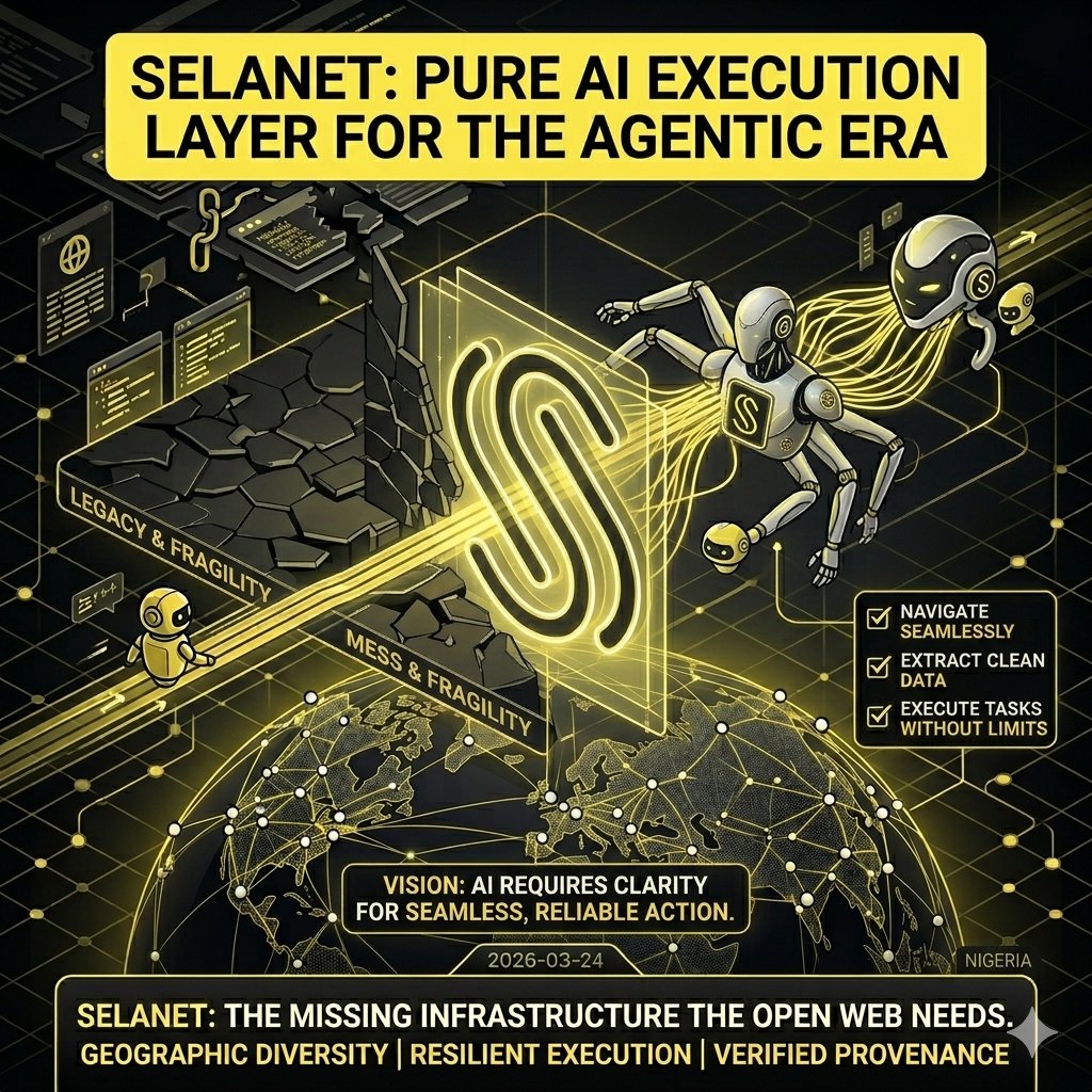 🚀 Most people think the problem with AI is intelligence.

It’s not.
It’s infrastructure.

AI already knows what to do — but the web is fragmented, unstructured, and unreliable for execution. That’s why agents break, stall, or fail silently.

<a href="/SelanetAI/">Selanet</a> is solving this at the