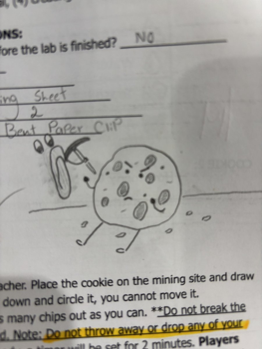 midwithmccain's tweet photo. We love cookie lab day!! 🍪 It's always fun to safely mix science labs and food! Students got to "mine" the minerals/chocolate chips out of a cookie to show the damage it can cause to the environment. Loved the student artwork added to a lab paper 😂 https://t.co/lOKka34hYK