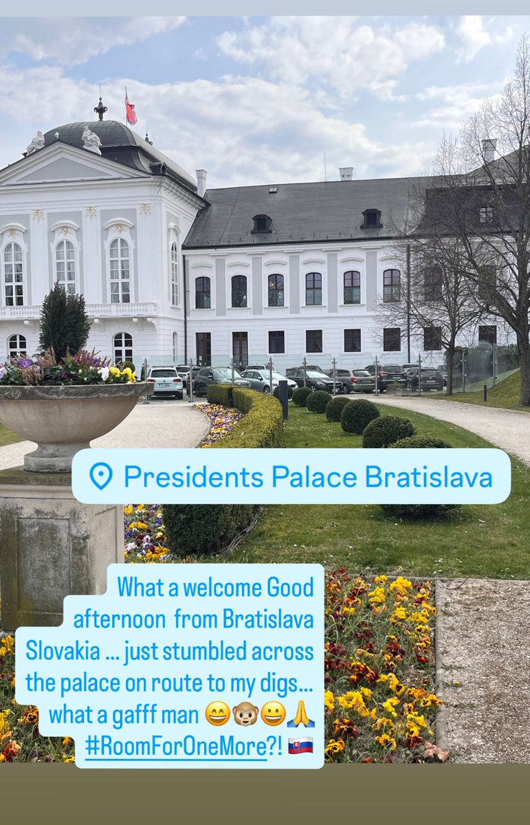 gsharman's tweet image. What a welcome Good afternoon  from Bratislava Slovakia … just stumbled across the palace on route to my digs… what a gafff man 😄🐵😀🙏#RoomForOneMore?! 🇸🇰  #Bratislava #Slovakia #GazsTravelAdventures2026