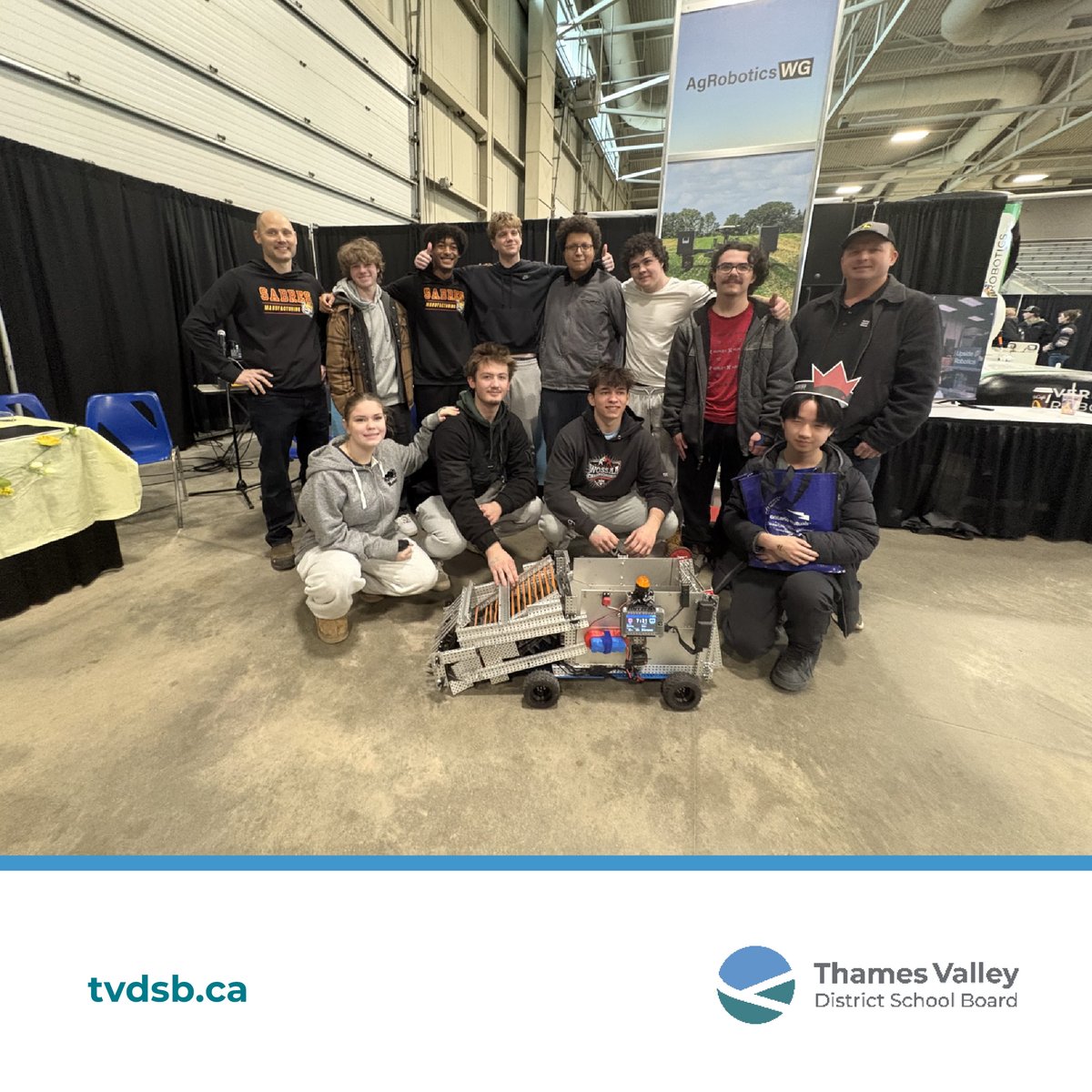 TVDSB's tweet photo. Saunders Students Shine in AgRobotics Ontario Student Challenge!

A team from Saunders' grade 11 &amp; 12 manufacturing class designed an innovative rock-picking robot for efficient field cleanup at the London Farm Show. They win a $250 prize &amp; recognition for thoughtful engineering. https://t.co/tn3oY7cnpy