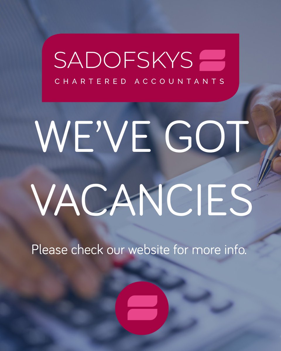 SadofskysLtd's tweet image. 📢 We've got job openings! Start your career with Sadofskys, Chartered Accountants. Join a fantastic team and enjoy structured growth and support. 🌟 Check our vacancies: bit.ly/46jUTjU #CareerGoals #JoinUs #AccountancyJobs
