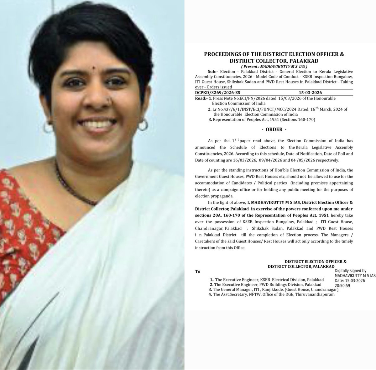 CherianNipun's tweet photo. District administrations acting on behalf of Election Commision of India must refrain from causing unnecessary disruptions to the day-to-day lives of general public. The unconstitutional Order No. DCPKD/3269/2026-E5, dated 15 March 2026 issued by the Palakkad District Collector Madhavikutty M.S., IAS, must be amended. 

After the elections to Kerala State Assembly was announced, the District Collector issued an order taking over all PWD rest house rooms in Palakkad district. The order states that, as per Election Commission guidelines, these facilities have been taken over to prevent political parties and candidates from using government rest houses, guest houses, and bungalows for election campaigning. As a result, PWD rest house rooms that had been booked in advance by private individuals for various purposes, after paying the full amount, are now being taken over by the Collector, while the amounts paid are not being refunded. There is currently no situation that justifies issuing such blanket orders by disrupting the lives of ordinary people. It is unreasonable and unconstitutional. 

The state government has made available a certain number of PWD rest house rooms across the state for public use at low cost with good facilities, along with online reservation and payment systems, which is a beneficial initiative for ordinary citizens. The Election Commission and district administrations cannot be allowed to obstruct such public services without valid reasons. It appears that, instead of implementing the necessary and meaningful election controls, officials are attempting to create an impression of action by disrupting the daily lives of people. #freedomofexpression