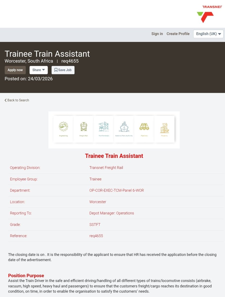 Trainee Train Assistant – Transnet 2026

📍South Africa 

Minimum Requirements:
- Grade 12 
- Must be 21 years or older
- Medically fit (hearing, vision, mental and physical fitness)

Note: Visit Their Official Site To Apply

Full Details Online:   tinyurl.com/4449k9va