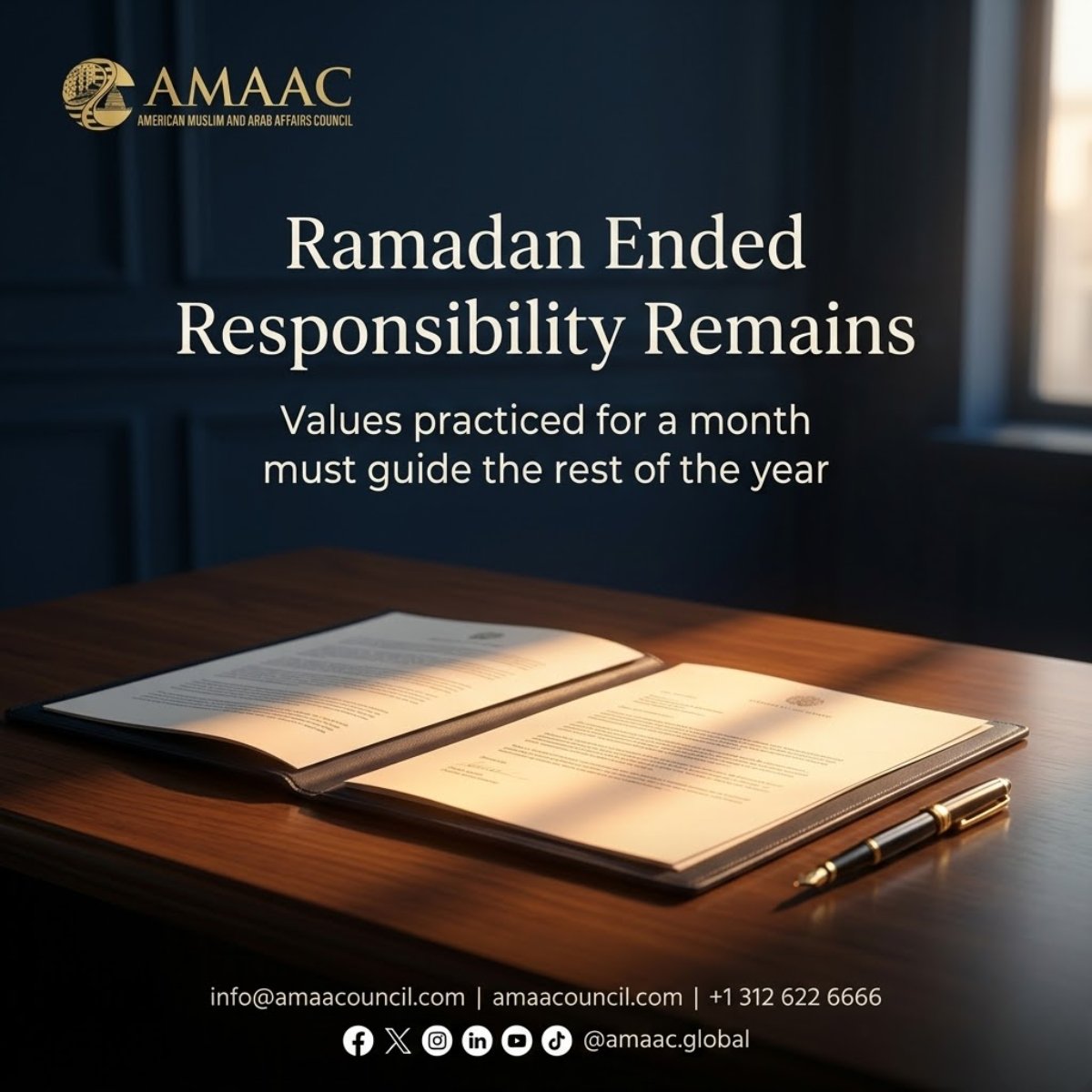 amaacglobal's tweet image. Ramadan ended, responsibility remains. 🏛️⚖️

The month closes, but our mission continues. At AMAAC, our values guide us every day, Ramadan and beyond. Thank you for being part of this journey.

How will you lead today?

#AMAAC #Mission #Leadership #Impact