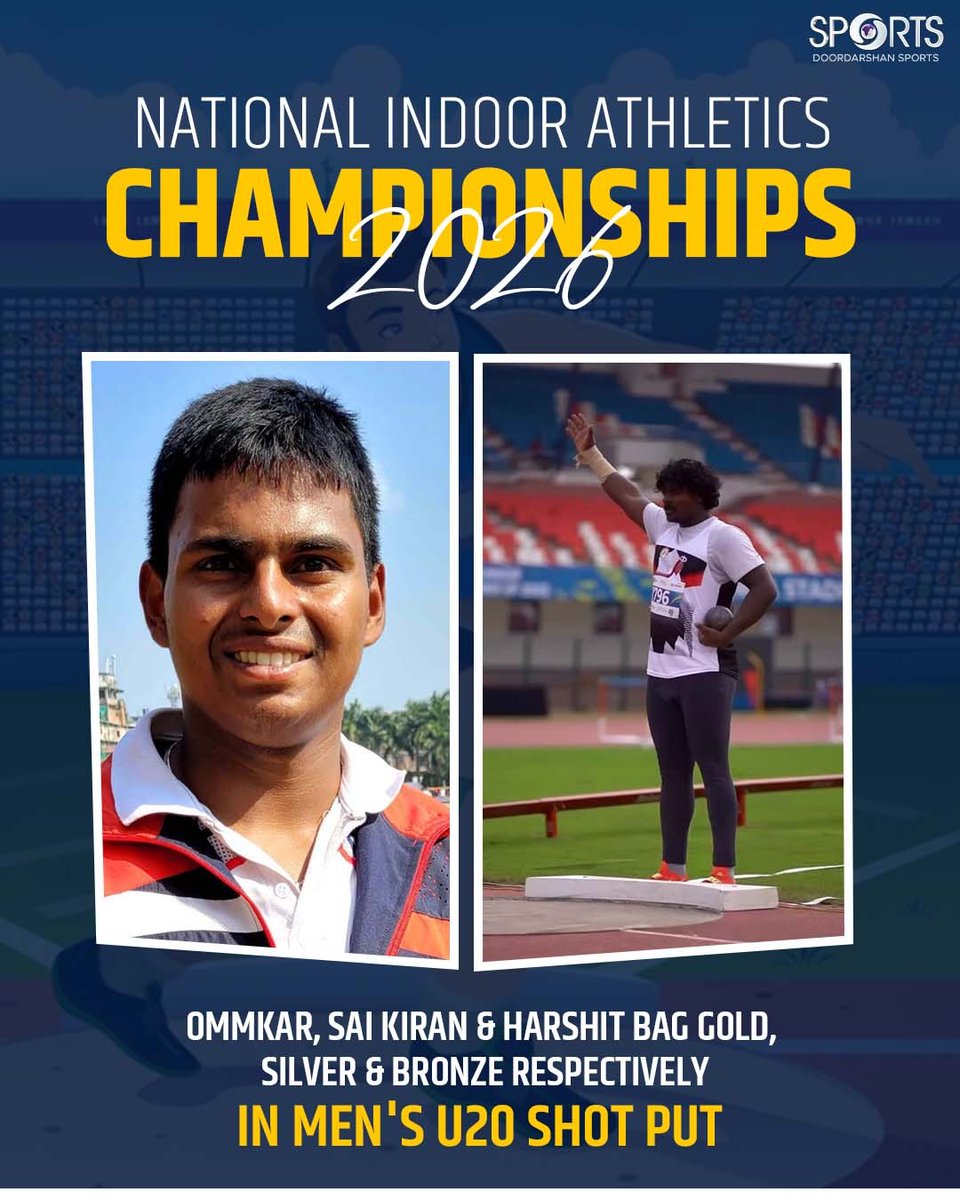 ddsportschannel's tweet image. Ommkar Prasad Nanda tops the Men’s U20 Shot Put final with a best effort of 17.77m. Sai Kiran A clinches a Silver🥈while Harshit Gahlot secures Bronze🥉 with  throws of 17.00m &amp;amp; 16.98m.

A close contest and solid performances all around!

#ShotPut #Athletics #U20 #TrackAndField