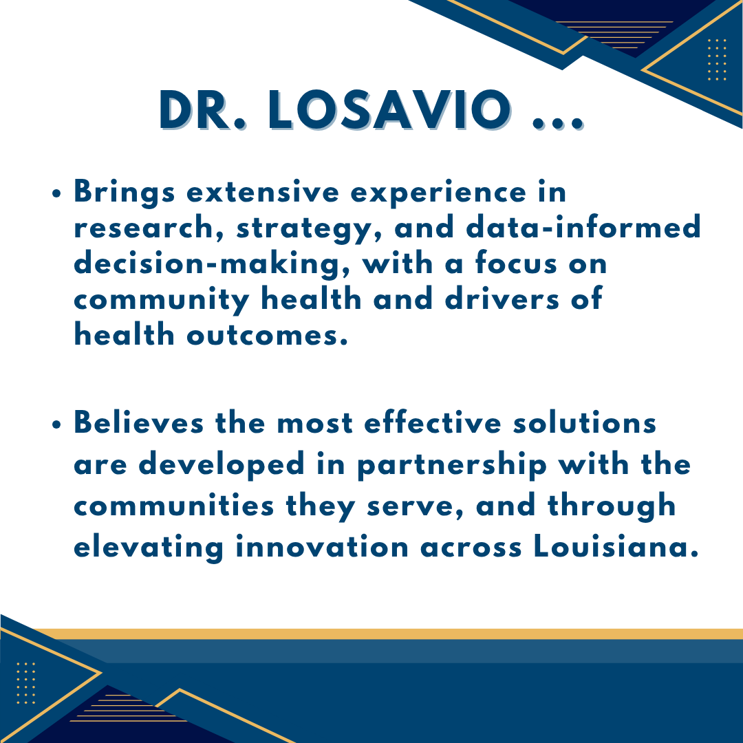 la_surgeon's tweet photo. The Louisiana Office of the Surgeon General is proud to welcome Dr. Jordan Losavio as the Assistant Secretary for the Office on Women’s Health and Community Health. With a Ph.D. in Nutrition and Food Sciences and a B.S. in Chemical Engineering, Dr. Losavio brings a unique multidisciplinary background.