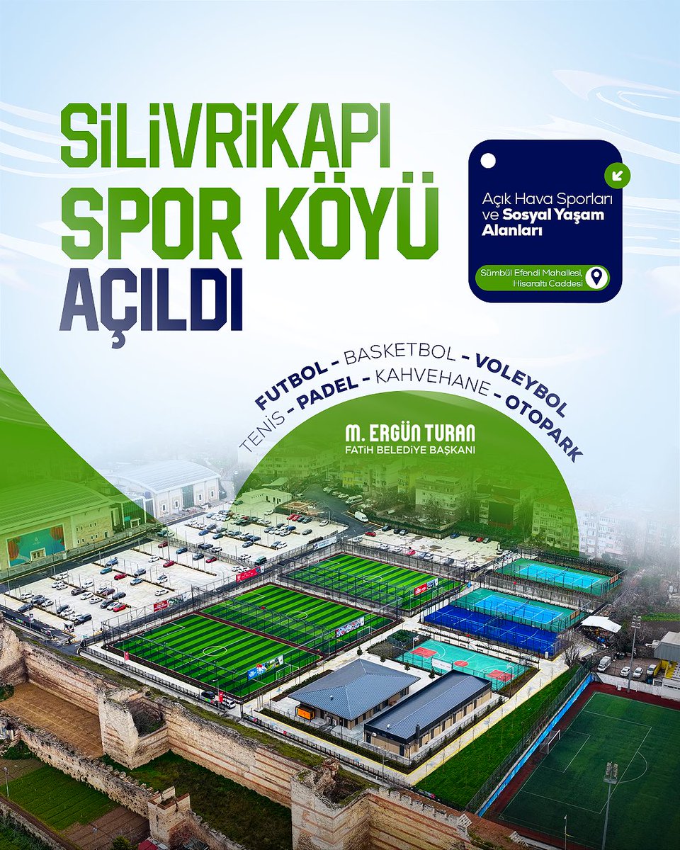 Silivrikapı Spor Köyü'müzü hizmete açtık. ⚽🏀🎾

Sporu yaygınlaştıran, gençlerimize alan açan ve her yaştan hemşehrimize nefes olacak büyük bir yaşam alanını daha kazandırdık.

Futboldan basketbola, voleyboldan tenise ve padele uzanan bu güçlü altyapıyla; Fatih’i sporun merkezi