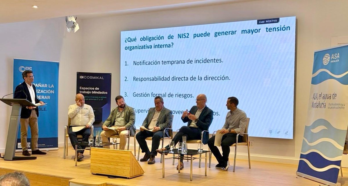 Emasagra's tweet photo. Participamos en I Taller de Seguridad Industrial organizado por @ASA_Andalucia en @emacsa_es.
🗣️Nuestro CISO, @Antonio3Her destacó el valor de la colaboración público-privada con @Veolia y el apoyo en materia de ciberseguridad para adaptarnos a las directivas europeas NIS2 y CRA. https://t.co/j9Gi0j2Tft