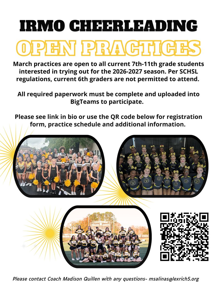 Think you got what it takes to be a Yellow Jacket?

Come out and join us for Irmo Cheer Open Practices!

This is a great opportunity to learn skills, meet the team, and get prepared for upcoming tryouts. All interested athletes are encouraged to attend!
<a href="/IrmoHigh/">Irmo High School International School for the Arts</a> <a href="/IrmoYJClub/">IrmoYellowJacketClub</a>