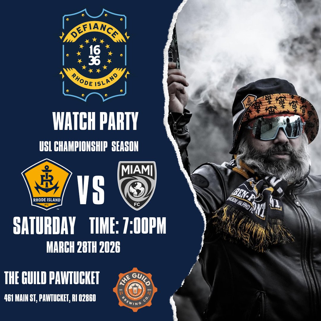 RIDefiance1636's tweet photo. 🚨 WATCH PARTY 🚨

📍 The Guild Pawtucket
🆚 RIFC vs Miami FC
📅 Sat, March 28
⏰ 7PM

Let’s pack it out, scarves up &amp; get LOUD 🔥
#Defiance1636 #UpTheTide #RIFC https://t.co/GOAUkUqhnL