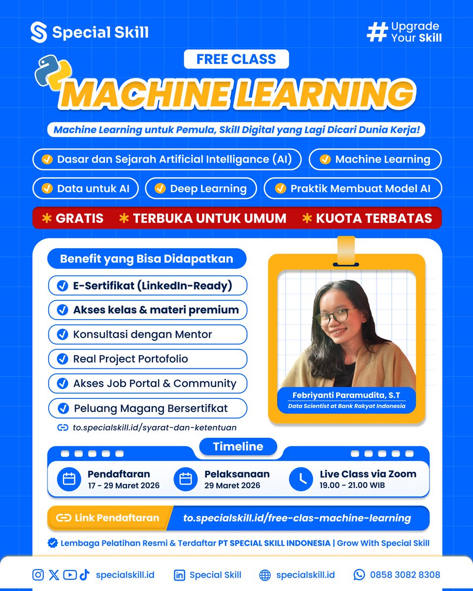 specialskillid's tweet photo. AI berkembang sangat cepat, dan Machine Learning adalah salah satu teknologi di baliknya.
Yuk, mulai kenali skill masa depan dari sekarang 🚀
#specialskill #machinelearning #ai #upgradeskill #bootcampgratis https://t.co/tLlxTBBuxt