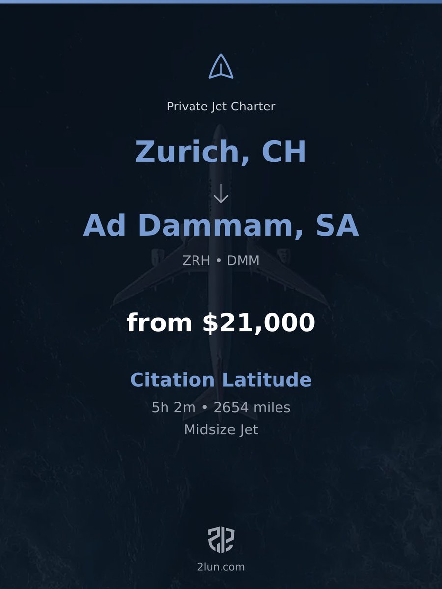 2lunjet's tweet image. 🇨🇭 Zurich → Ad Dammam 🇸🇦
Private Jet Charter

5h 2m | 2654 miles | From $21,000

Book your flight:
2lun.com/route/lszh/oedf

#TravelInStyle #EmptyLeg #ExecutiveJet