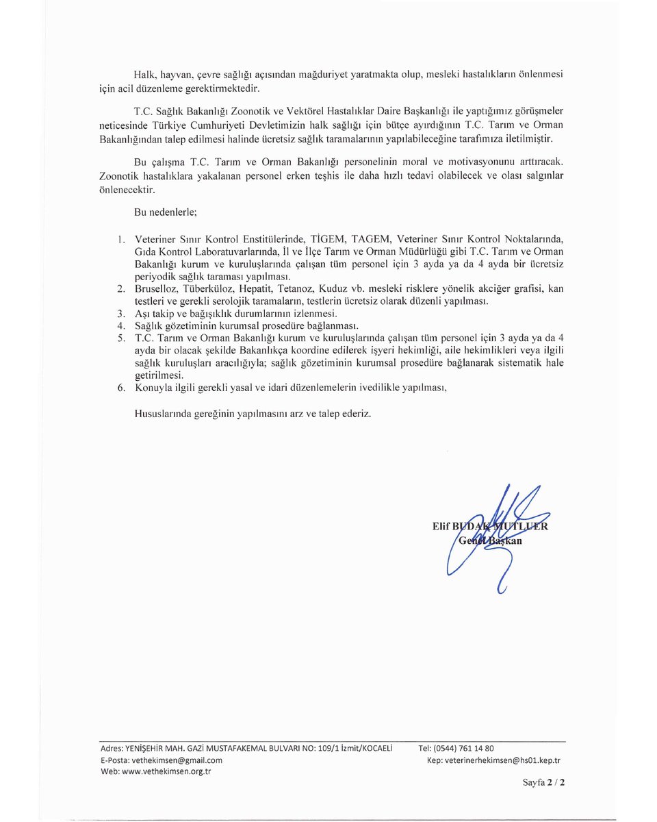 Tarım ve Orman Bakanlığının ilgili genel müdürlüklerine resmi başvurumuzu yaptık:

T.C. Tarım ve Orman Bakanlığı çalışanlarının periyodik, ücretsiz sağlık taraması yapılması gerektiği talebimizi ilettik.

Risk var!
Görev var!
Koruma YOK!!
Arazi tazminatı YOK!!
Fiil hizmet süresi