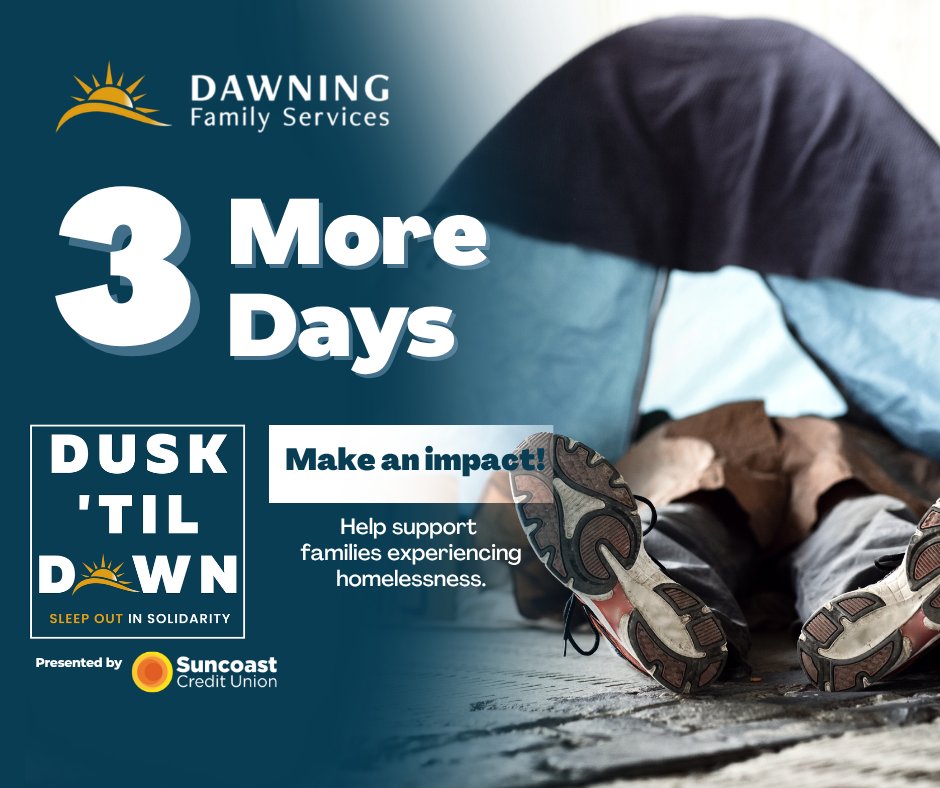 dawningfs's tweet photo. Only 3 days left.
If you’ve been thinking about giving, this is the moment. Help us reach $100,000 before March 27th and help the homeless in Hillsborough County.

Register and give today at https://t.co/sBQR4RgIxO 

#DuskTillDawn #TampaGives #EndFamilyHomelessness https://t.co/yk6oSCmZI8