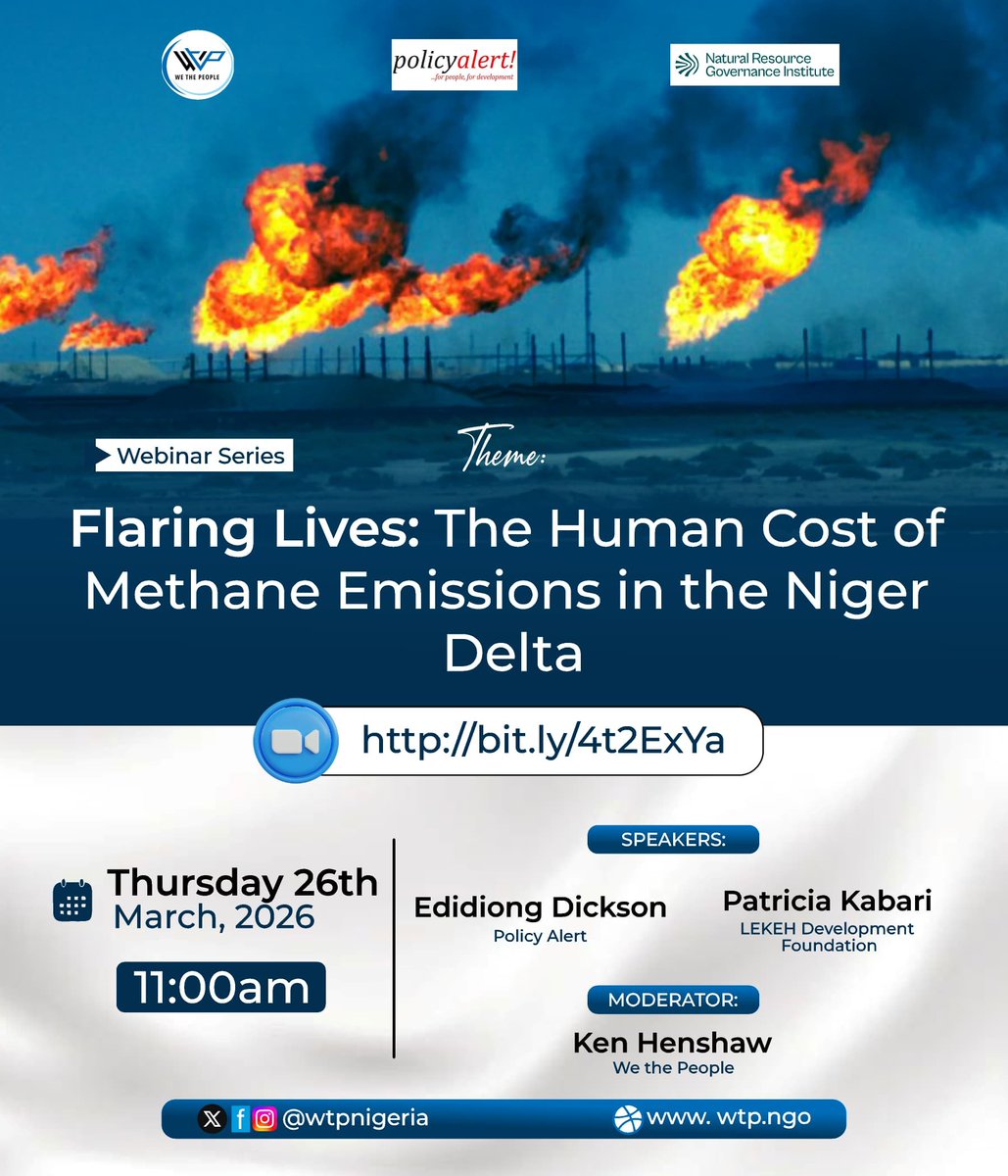 wtpnigeria's tweet photo. Methane, an often overlooked by-product of hydrocarbon extraction is a highly potent greenhouse gas released through flaring, venting, leaks, and equipment failure. Though largely invisible, it poses serious health risks, including respiratory and cardiovascular diseases, and is over 80 times more powerful than carbon dioxide in trapping heat over a 20-year period.

Despite these dangers, policy responses in Nigeria remain weak, with gaps in regulation, monitoring, and transparency allowing emissions to persist.

This webinar will feature a policy discussion on tackling methane emissions in Nigeria, alongside a screening of *Flaring Lives*, a documentary by We the People and Policy Alert (supported by the Natural Resource Governance Institute). The film highlights the human impact of methane in Niger Delta communities, framing it as not just a climate issue, but one of public health, environmental justice, and survival—underscoring the urgent need for action beyond economic interests.

Date: Thursday, 26th March, 2026.
Time: 11am
Register here: https://t.co/diUj9SET0v