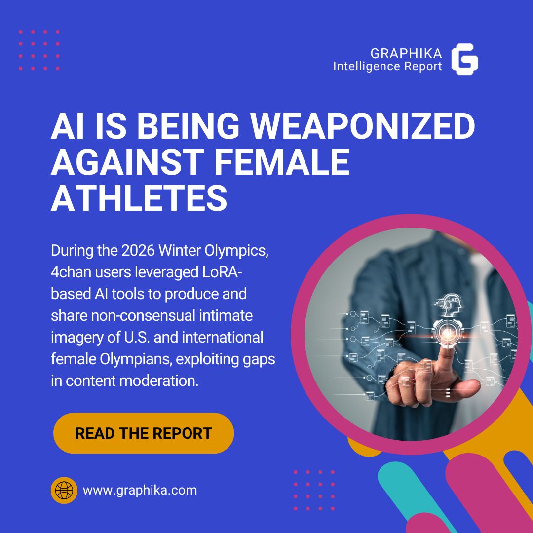 Graphika_NYC's tweet photo. During the 2026 Winter Olympics, 4chan users weaponized AI to generate and share non-consensual intimate imagery of female Olympians. New Graphika report exposes how they did it and why it matters. Read the report: https://t.co/LvfYoBYDHm
#NCII #GraphikaReport https://t.co/ZKT2T5dv0b
