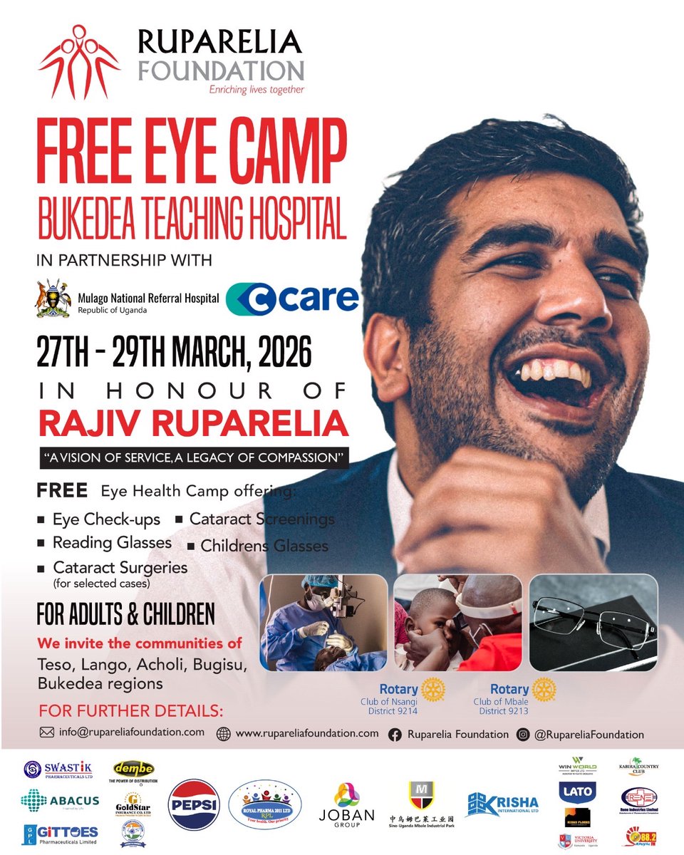 PeninahBab68801's tweet image. Free Eye Camp 👁️ at Bukedea Teaching Hospital!
27th–29th March 2026.
FREE check-ups, cataract screening, surgeries (selected cases) &amp;amp; glasses.
Open to adults &amp;amp; children in Teso, Lango, Acholi &amp;amp; Bugisu.
See clearly. Live better. #FreeEyeCamp #HealthForAll