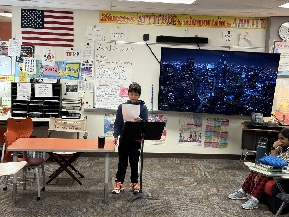 jmorris2's tweet photo. My 6th graders presented their “Toast Your Hero” speeches to their Writing classes today.  🎤@TonyMorseBPMS @bpbroncos https://t.co/tNg03mCtgl