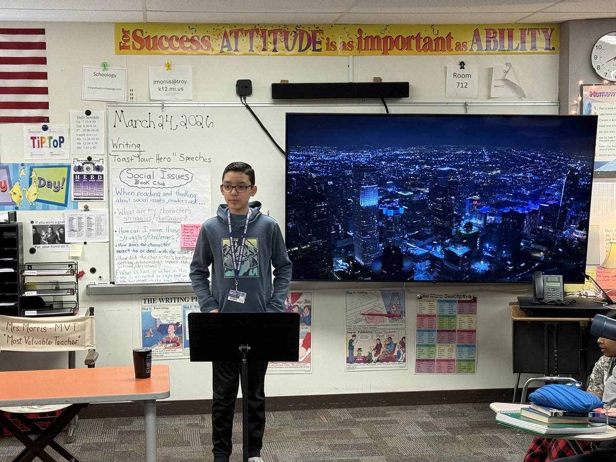 jmorris2's tweet photo. My 6th graders presented their “Toast Your Hero” speeches to their Writing classes today.  🎤@TonyMorseBPMS @bpbroncos https://t.co/tNg03mCtgl