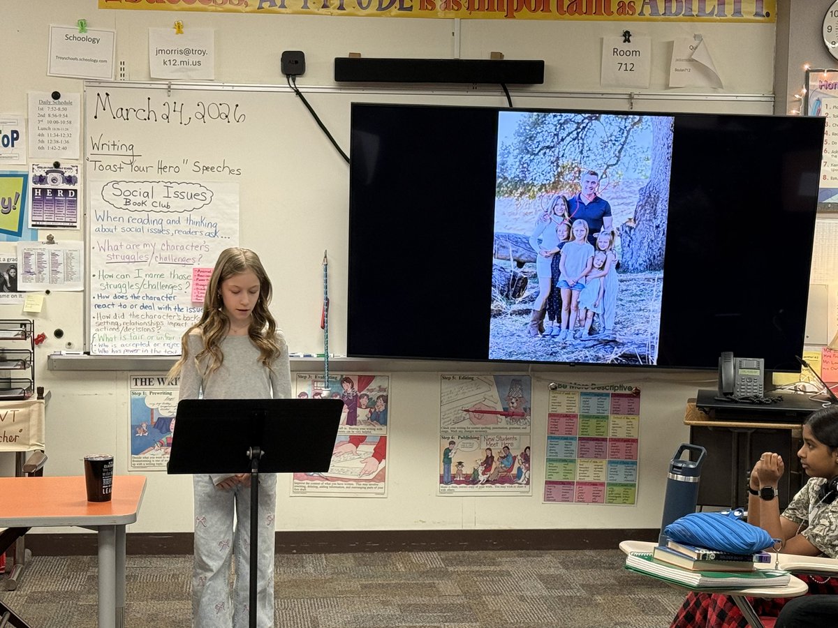 jmorris2's tweet photo. My 6th graders presented their “Toast Your Hero” speeches to their Writing classes today.  🎤@TonyMorseBPMS @bpbroncos https://t.co/tNg03mCtgl