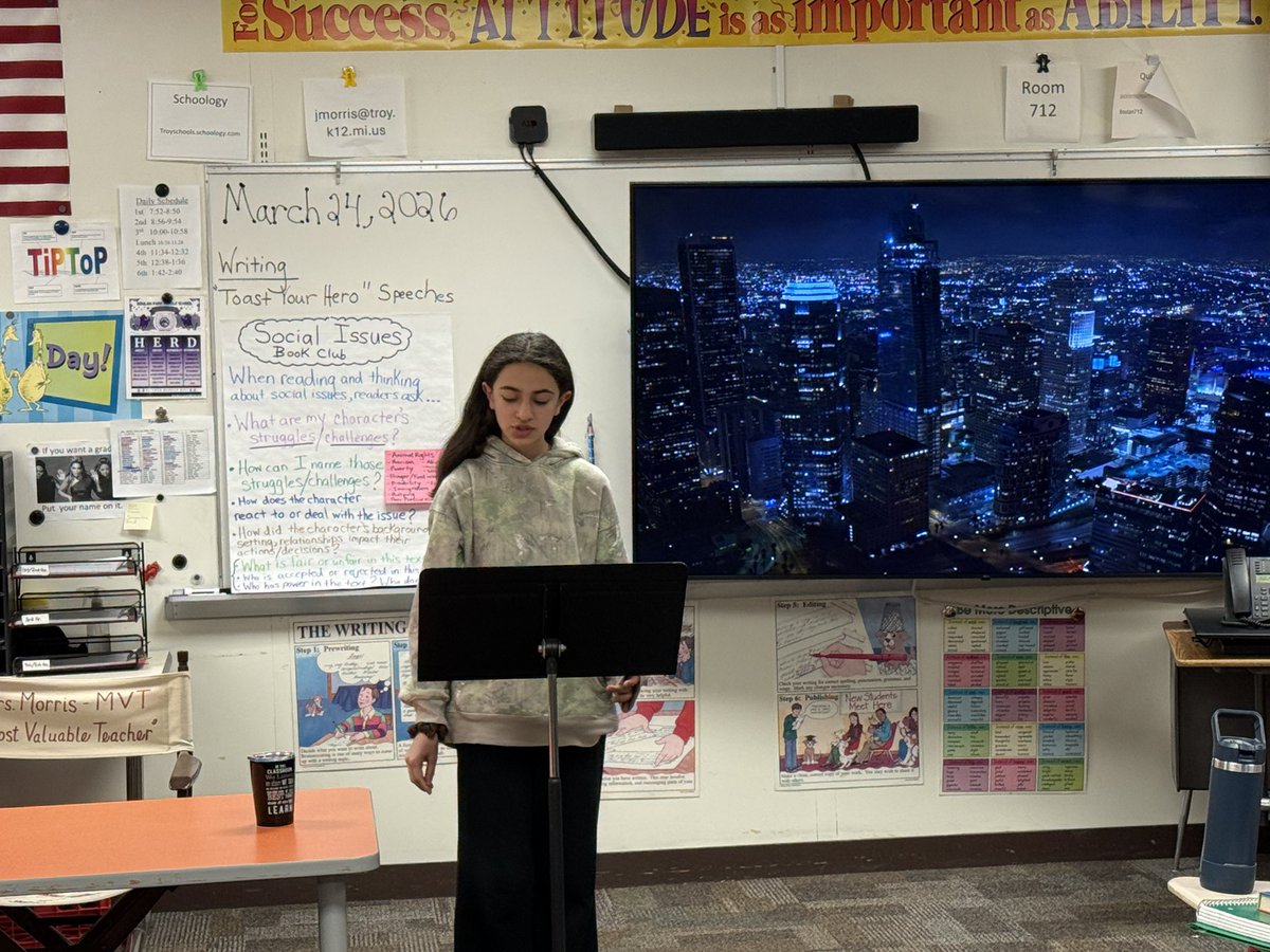 jmorris2's tweet photo. My 6th graders presented their “Toast Your Hero” speeches to their Writing classes today.  🎤@TonyMorseBPMS @bpbroncos https://t.co/O3uGzMtf22