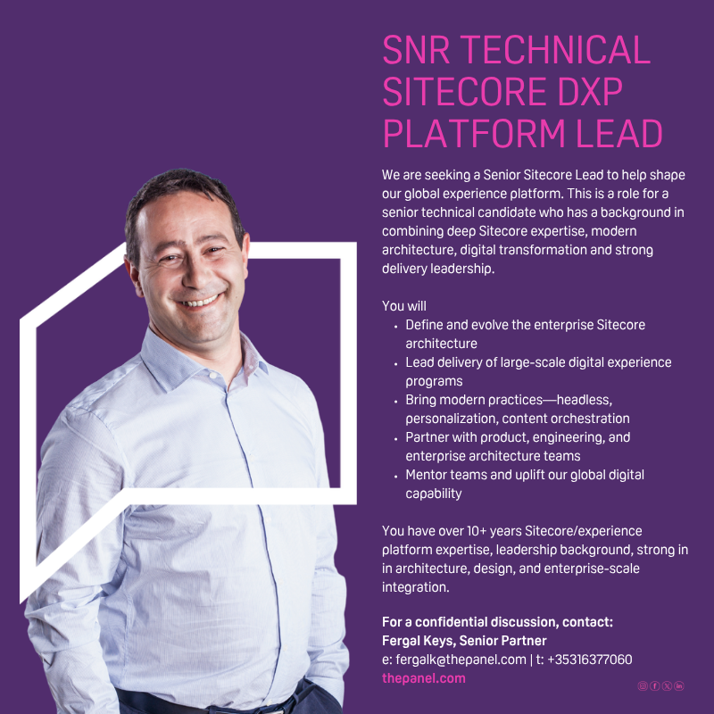 ThePanelDublin's tweet photo. Our client is seeking a Senior Technical Sitecore Lead (https://t.co/0Yyz0OwlcJ) to help shape their global experience platform.
For more information, contact Fergal at fergalk@thepanel.com
#jobfairy #sitecore #technicallead #DXPplatform #platformlead https://t.co/zUd19orC8P