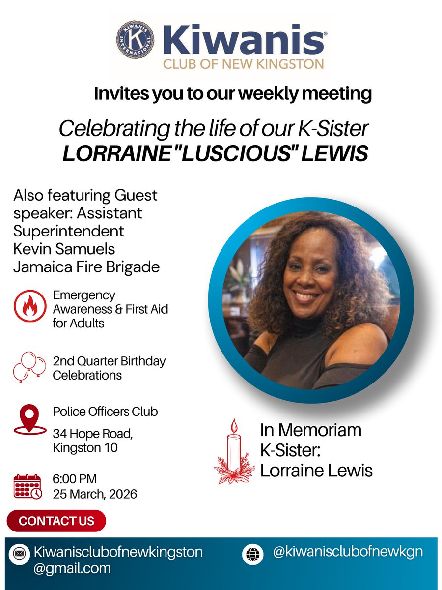 *President Veronica Taylor-Smellie* is inviting you our weekly meeting.
* *Celebrating the life of Lorraine “Luscious” Lewis*
* *Emergency Medical Awareness - Asst. Superintendent Kevin Samuels JFB (Presenter)*
* *2nd Quarter Birthday Celebrations*
See you there!