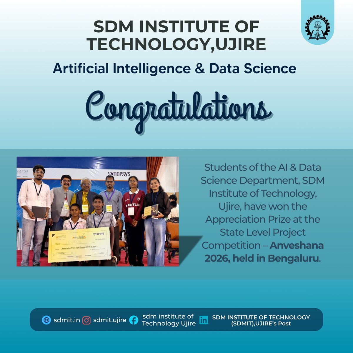 sdmitujire's tweet photo. SDMIT Ujire shines at #Anveshana2026 ๐
AI & DS team wins Appreciation Prize for *PantryPal*โsmart retail innovation to track expiry & reduce waste ๐
#SDMIT #Innovation #StudentAchievement https://t.co/0ygdpFQE0u