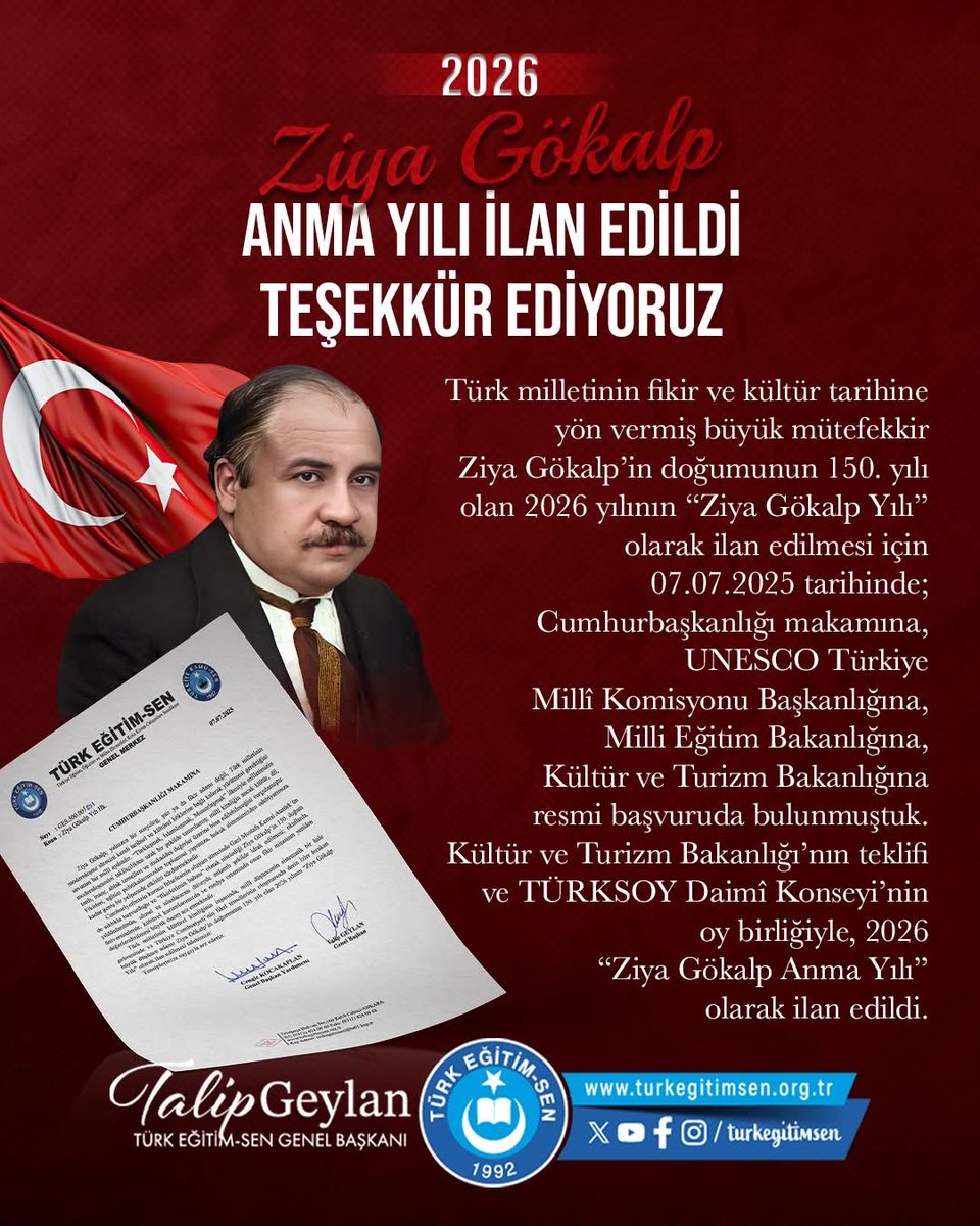 urfalihaydar's tweet photo. 2026 ZİYA GÖKALP ANMA YILI
“Vatan ne Türkiye'dir Türklere, ne Türkistan;
Vatan büyük ve müebbet bir ülkedir: Turan!"
Kültür ve Turizm Bakanlığı’nın teklifi ve TÜRKSOY Daimî Konseyi’nin oy birliğiyle, 2026 “Ziya Gökalp Anma Yılı” olarak ilan edildi.
Teşekkür ediyoruz. https://t.co/652ET80vTR
