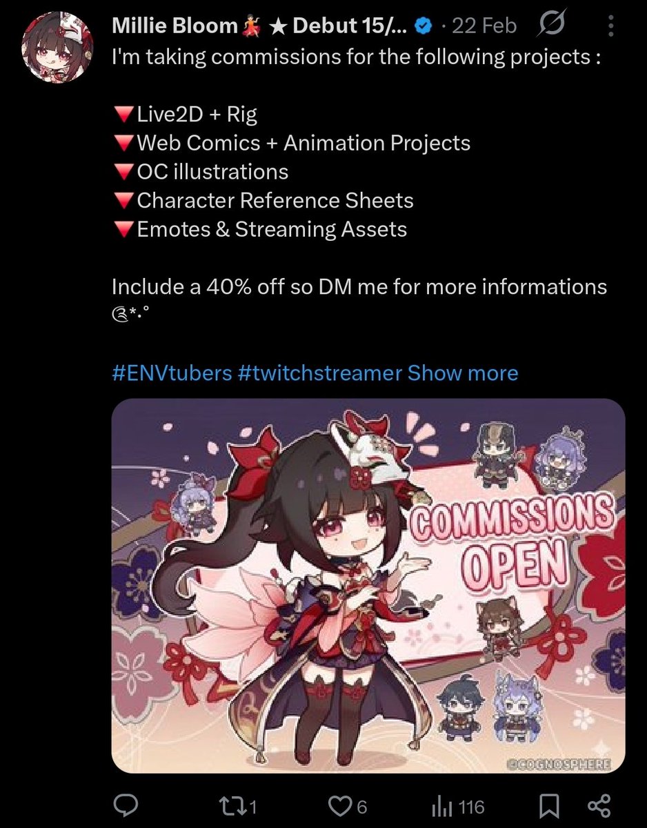 No. Their pfp &amp; banner are literally official genshin art. They ran genshin art thru ai &amp; they didn't even bother to remove the watermark in the Commissions Open post. No VGen, no portfolio.