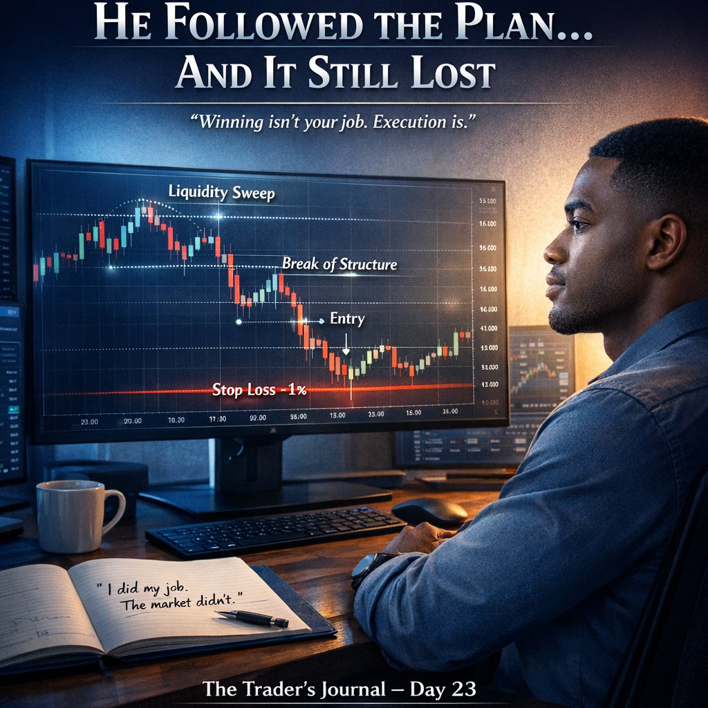 theeminentrader's tweet photo. Today felt different.

Not because the market changed.

Because he did.

He waited.

No rushing.
No forcing.
No need to be in a trade.

When the setup came, it was clean.

Liquidity sweep.
Break of structure.
Proper confirmation.

Everything aligned.

He entered with 1% risk.

No hesitation.

No fear.

No ego.

Just execution.

For the first time in a while…
He felt in control.

Then the market reversed.

Slowly at first.

Then aggressively.

Straight to his stop loss.

-1%.

He sat there.

Quiet.

No anger.
No frustration.
No urge to jump back in.

Just silence.

Because this time… it was different.

He didn’t break any rule.

He didn’t force anything.

He didn’t interfere.

He executed perfectly.

And still lost.

That moment hit deeper than any red day.

Because now he had nothing to blame.

And strangely…

That gave him peace.

That night, his journal entry was simple:

“I did my job. The market didn’t.”

And that’s when it finally clicked

Winning isn’t your job.

Execution is.

Losses are part of the system.

But breaking discipline?

That’s optional.

Today, he lost money.

But for the first time in a long time…

He traded like a professional.

Real battles. Real psychology.

The Trader’s Journal – Day 23
