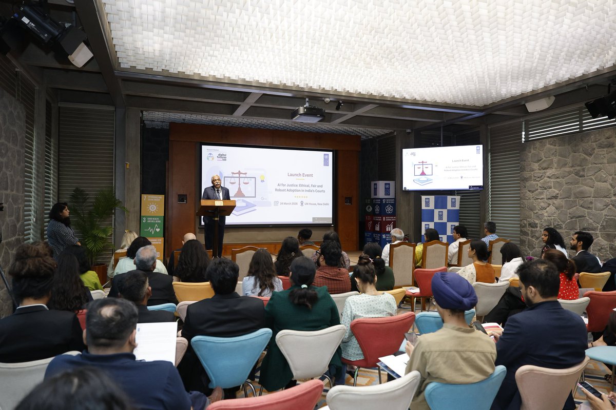 UNDP_India's tweet photo. ⚖️ Shaping Responsible AI for India’s Courts

@UNDP_India, together with @daksh_india and @DigiFuturesLab , convened the launch of the report “AI for Justice: Ethical, Fair and Robust Adoption in India’s Courts”, bringing together judiciary, govt, academia & civil society to examine how AI can be integrated into courts responsibly.

Key themes:
⚖️Moving from ad hoc to structured AI integration
📘Safeguarding fairness, due process & constitutional values
🤝Strengthening governance, accountability & cross-sector collaboration

Read the full report here
🔗https://t.co/vc5OnpRXTU

#AIforJustice #LeaveNoOneBehind