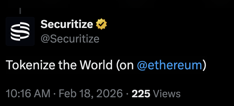 ARadar22150's tweet image. 🚨 JUST IN: NYSE partners with Securitize to develop a 24/7 tokenized securities platform.

On 2026-02-18, Securitize stated: "Tokenize the World (on @ethereum)."

Ethereum continues to strengthen its position as the home for tokenized assets as institutional adoption grows.