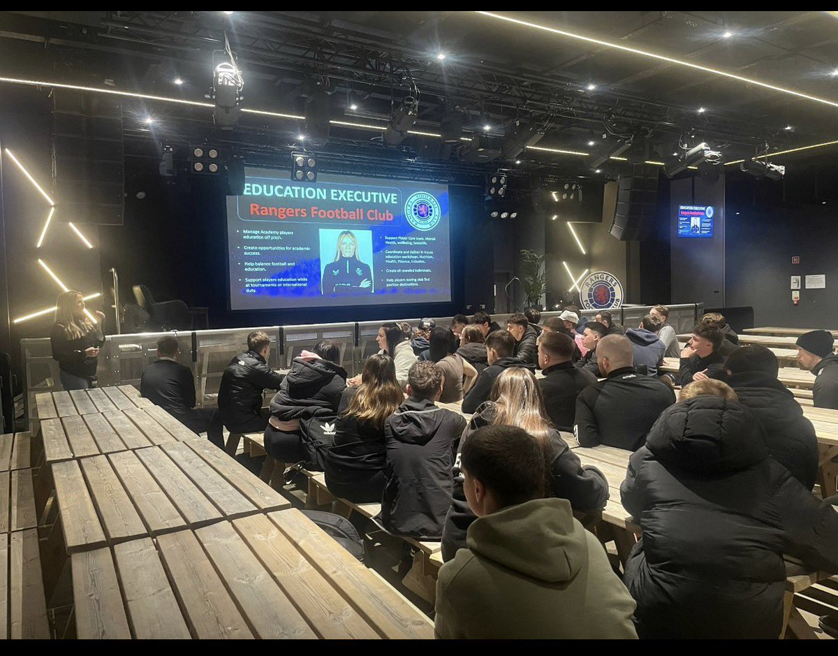 CGSportEducate's tweet photo. It was a pleasure to be guest speaker for our Rangers Soccer Academy BSc (Hons) Sport &amp; Fitness programme, in partnership with @ucseducation_ ⚽🎤

Sharing knowledge and a behind the scenes perspective on our elite academy environment 💙

#EducationMatters https://t.co/f2OOP3v59J