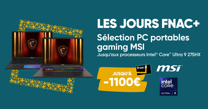 Fnac's tweet image. #BonPlan 🚨 A l'occasion des jours Fnac+, c’est le moment de vous équiper : économisez jusqu’à 1 100 € sur une sélection de PC gaming MSI !
👉urlr.me/EQfmgj