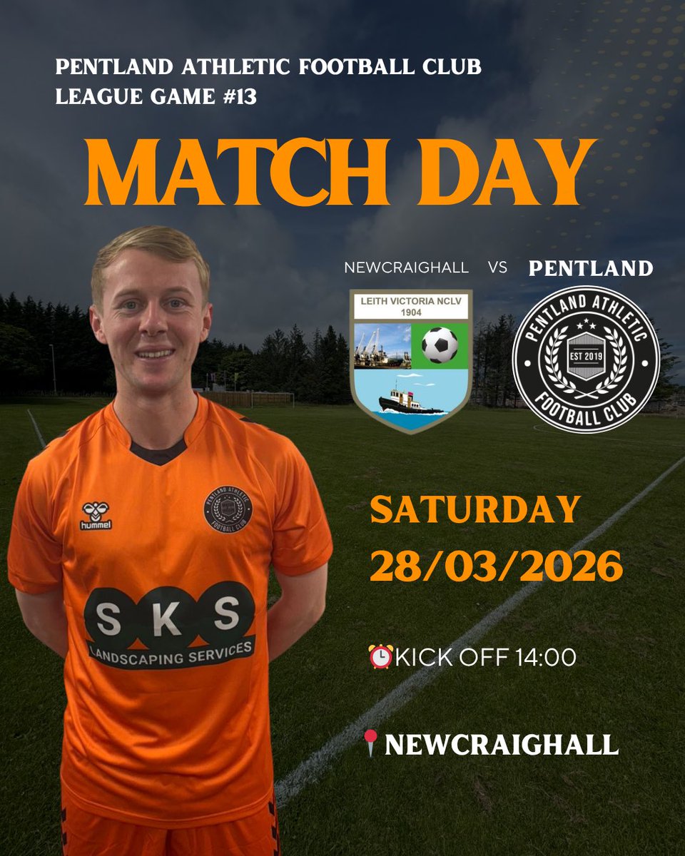 PentlandAFC's tweet photo. ‼️BIG GAME THIS WEEKEND‼️

Not only will the lads want to continue their unbeaten run in the league, but we also have the chance to win the league this Saturday if we can get past @LeithVics1945 

Get yourselves along and support the lads ⚽️⚫️🟠 https://t.co/hyPM3uixus