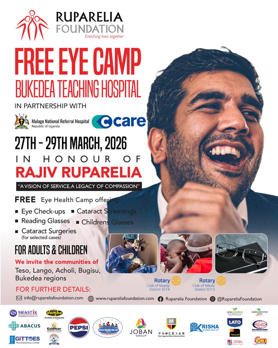 ivanmpaata's tweet image. 👁️ FREE Eye Camp at Bukedea Teaching Hospital
27–29 March 2026
✔️ Eye check-ups
✔️ Cataract screening &amp;amp; surgeries
✔️ Free glasses
Open to all (Adults &amp;amp; Children)
In honour of Rajiv Ruparelia
#FreeEyeCamp #EyeCareUG #Bukedea #HealthForAll #Uganda
@VUKampala