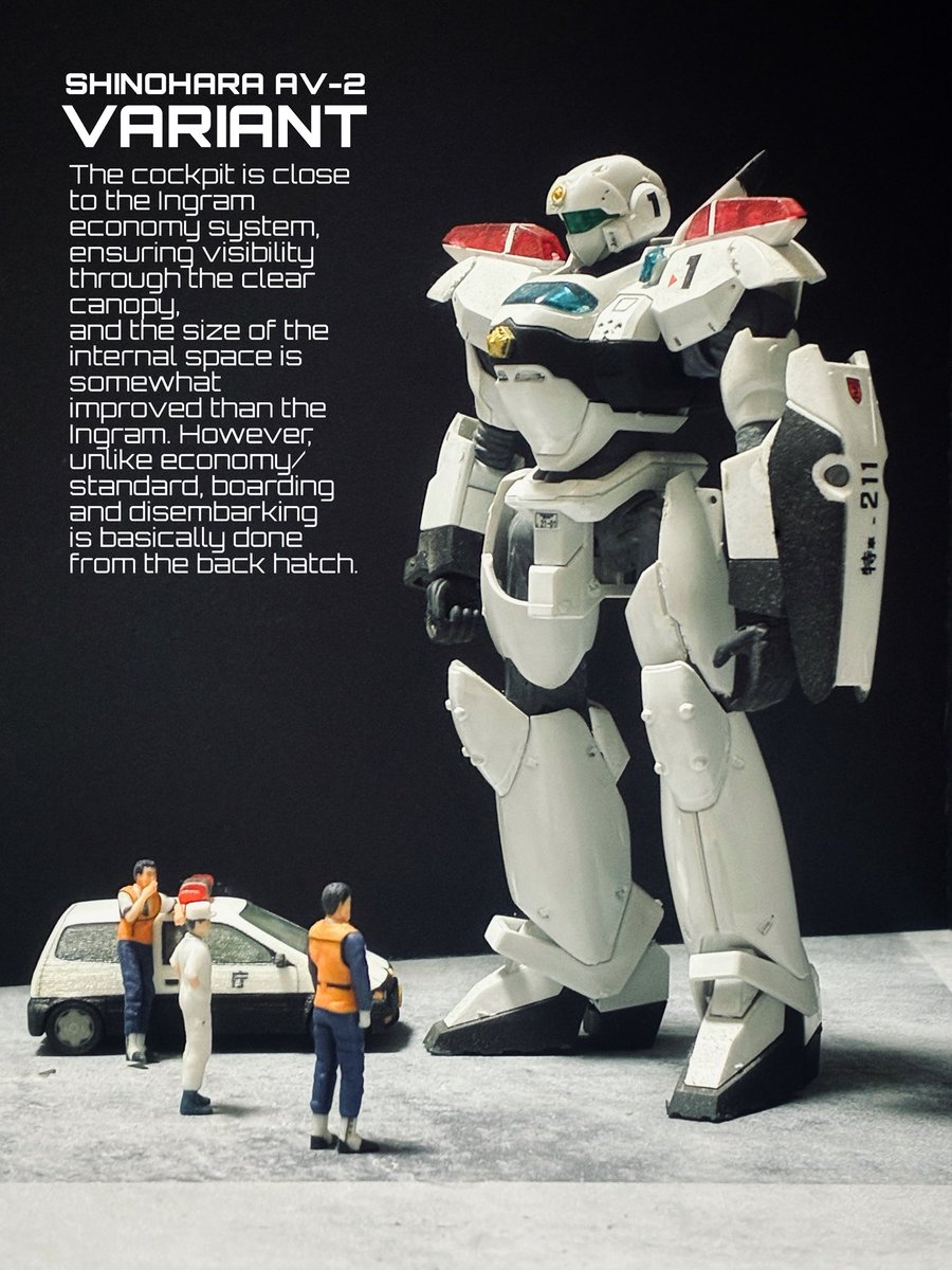 #毎日パトレイバー
#patlabor 
 篠原重工 AV-2 ヴァリアント
「劇場版パトレイバー2」に登場した、2001年秋の特車2課再編時に配備された新鋭機。コクピットはイングラム・エコノミー方式に近く、クリアキャノピー越しの視界が確保されている。スピンオフで活躍を見たい機体。