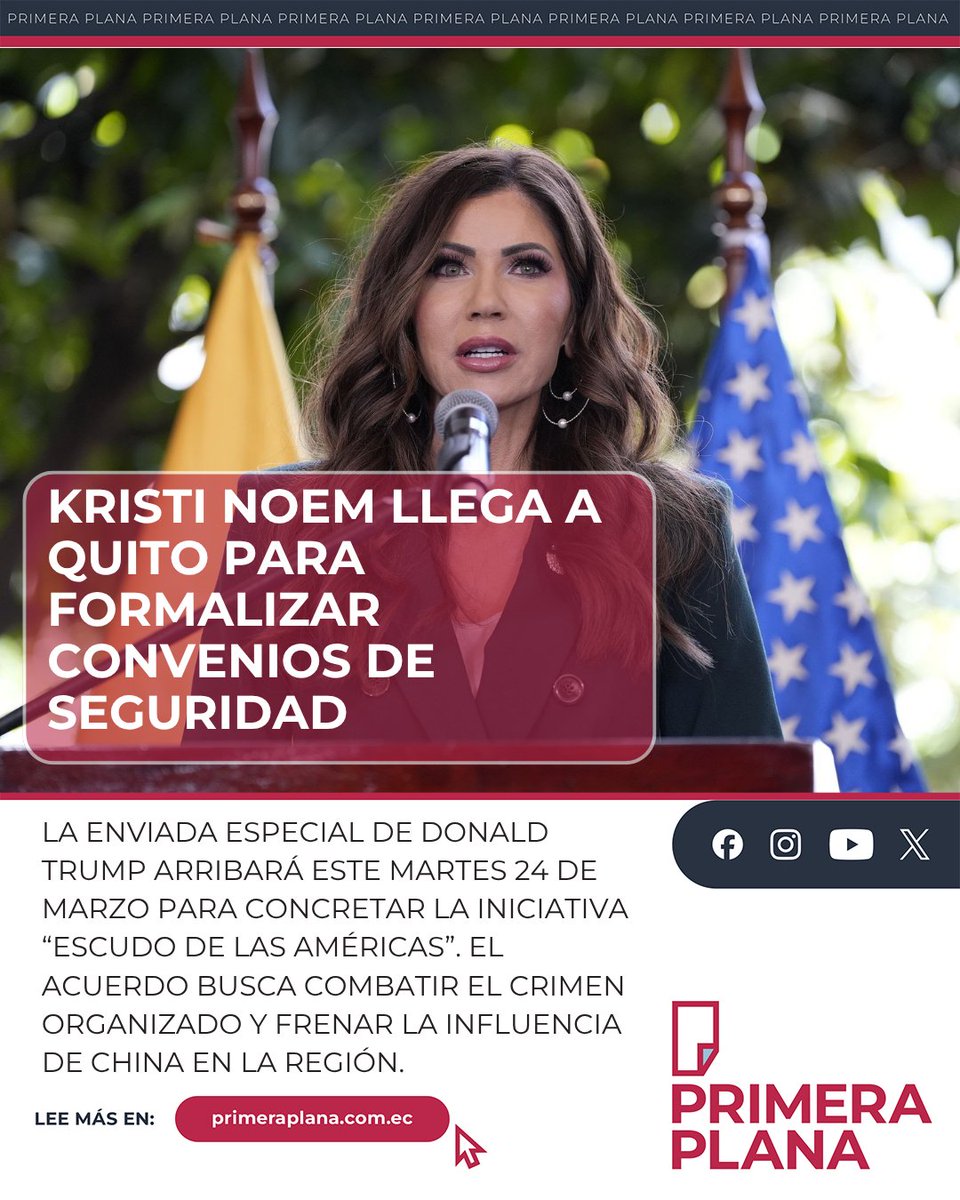 🚨 #ATENCIÓN | ¡Visita de alto nivel! Kristi Noem, enviada especial de EE. UU., llega hoy a Quito para firmar convenios de seguridad. 🇪🇨🇺🇸
La exsecretaria formalizará el plan "Escudo de las Américas" contra el crimen organizado y el narcotráfico. 👇

Detalles aquí: